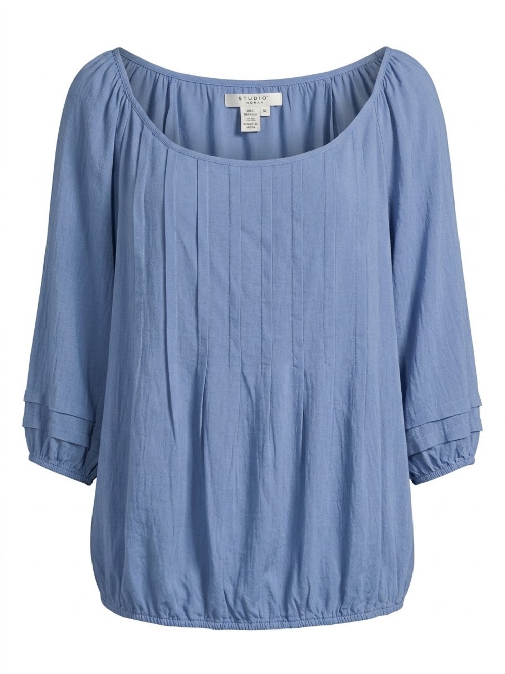 Studio M Woman Plus 2X Blue Pleated Peasant Blouse Cottagecore Boho